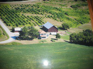 An aerial view of a farm and a barn.